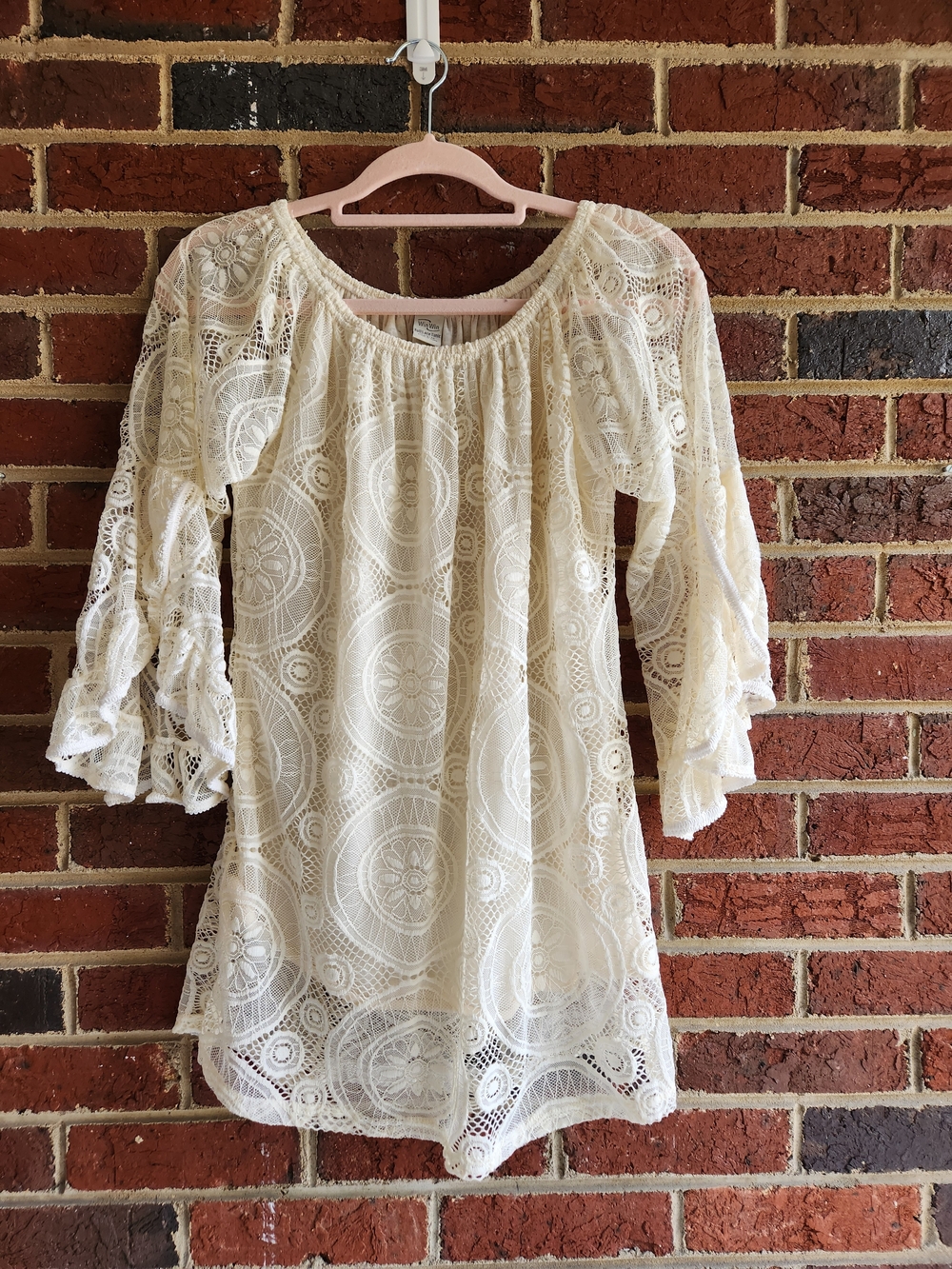 Cream Crochet Tunic Lined  Medium Stretch Lace Bell Sleeves